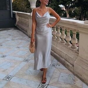 Women’s Satin Effect Midi Dress S/M Sexy Evening Party Wedding